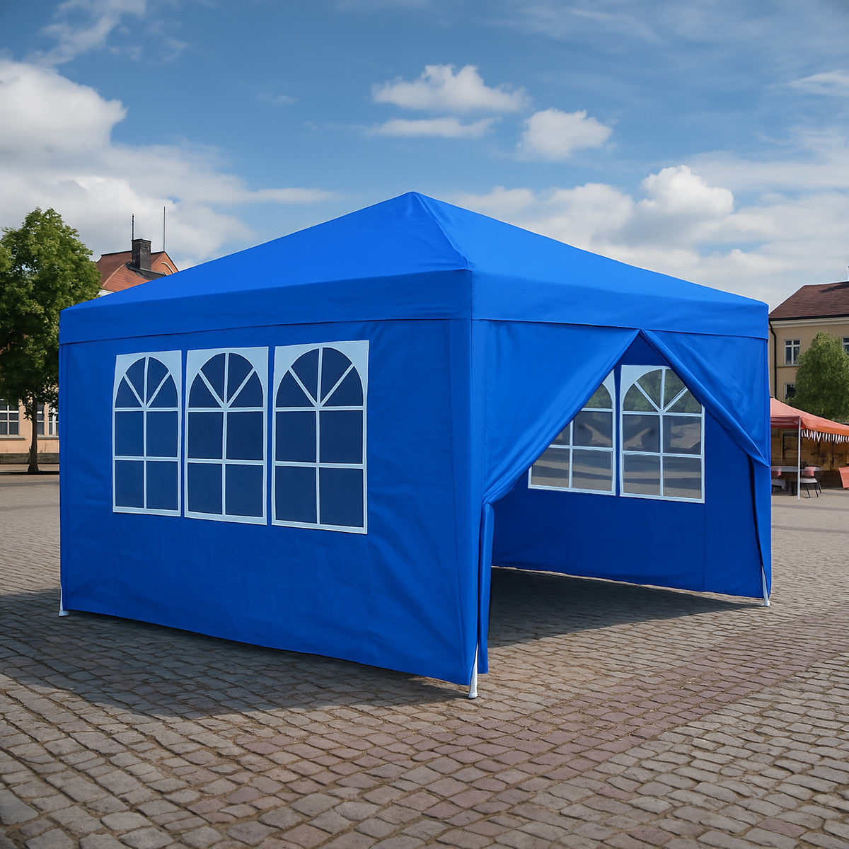 Pop-up juhlateltta 3 x 3 m – irrotettavat sivuseinät, 210D Oxford-kangas, sininen