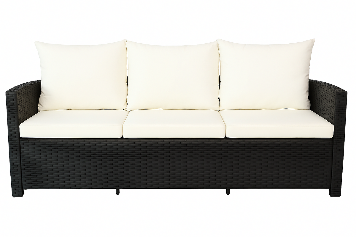 3-istuttava ulkosohva 175 x 60 x 74 cm EMMA – polyrottinki, teräsrunko, musta/beige