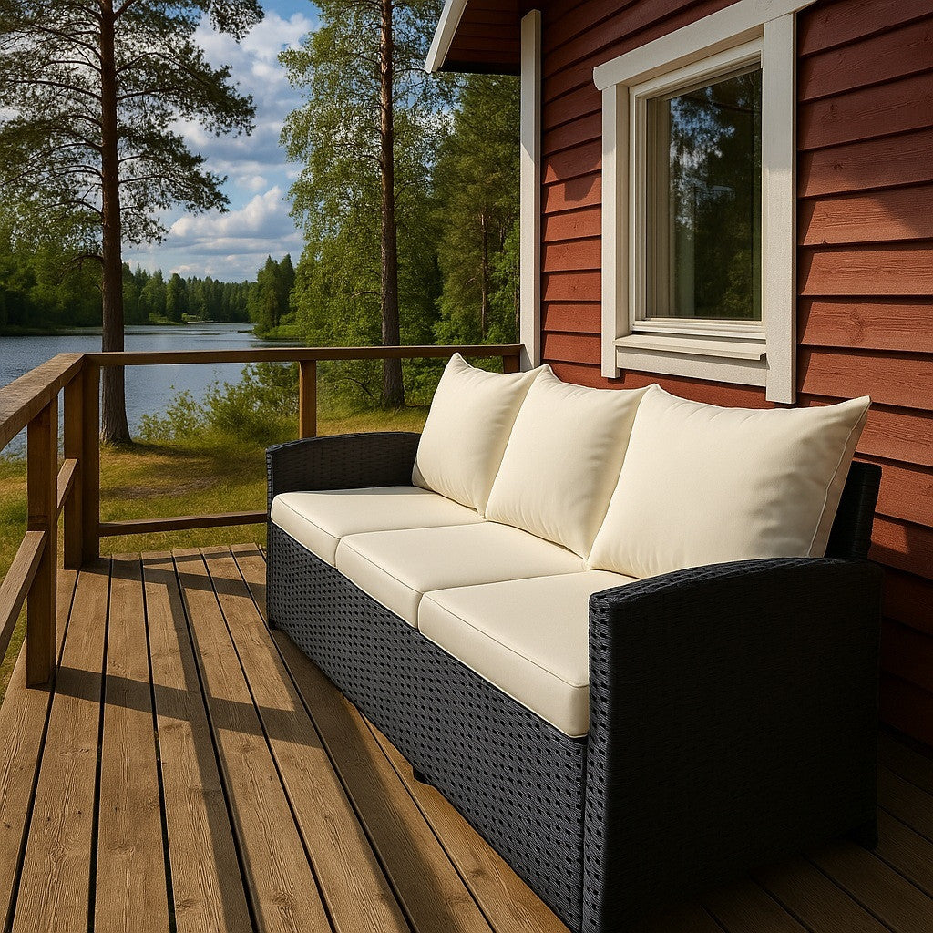 POHJOLA GARDEN Polyrottinki Ulkosohva 3-istuttava, musta/beige, 175x60x74, Emma