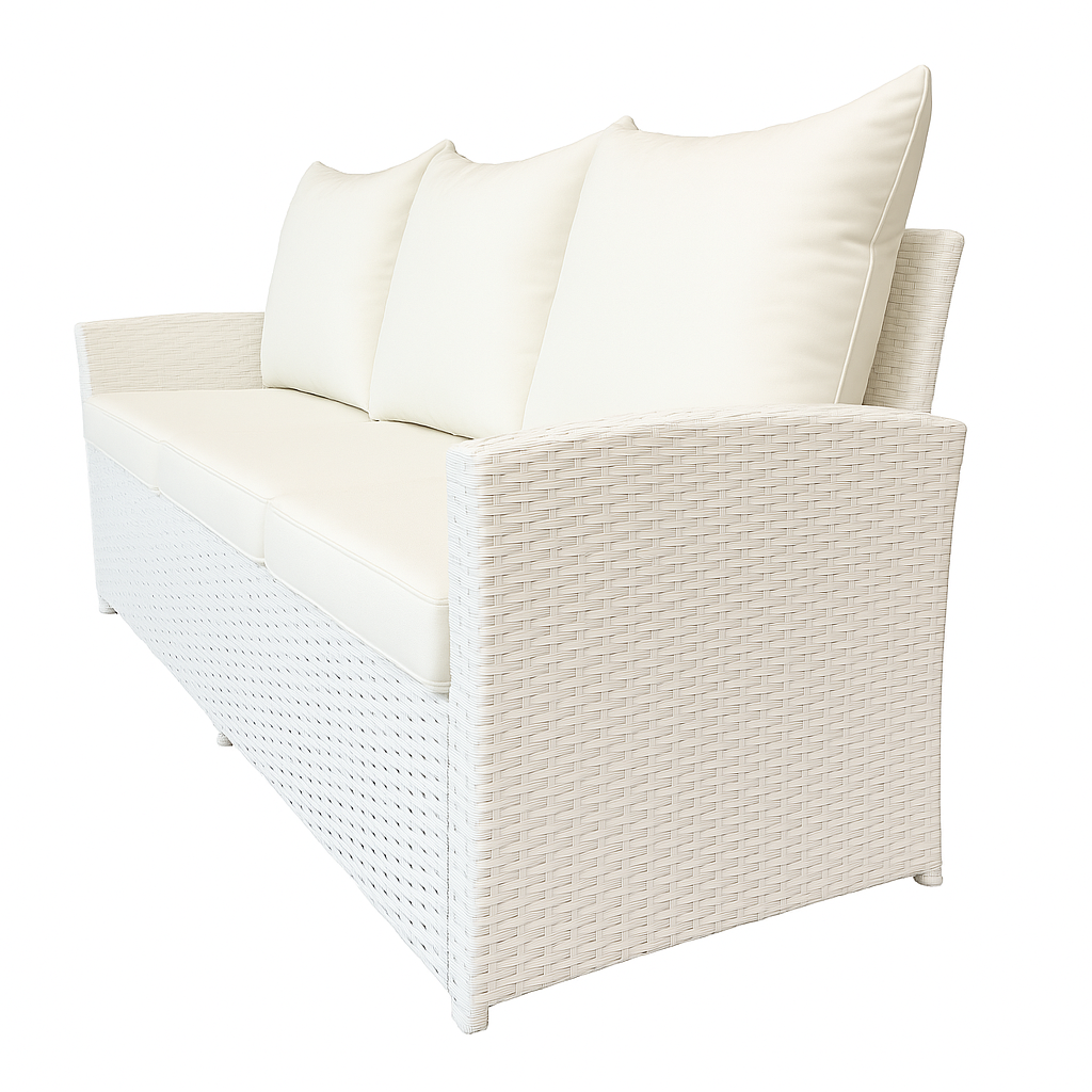 3-istuttava ulkosohva 175 x 60 x 74 cm – polyrottinki, valkoinen/beige