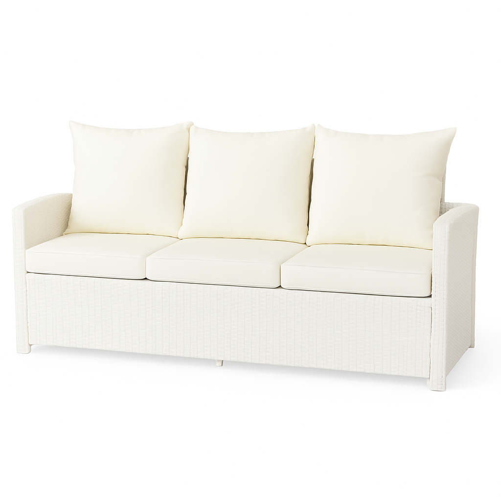 3-istuttava ulkosohva 175 x 60 x 74 cm – polyrottinki, valkoinen/beige