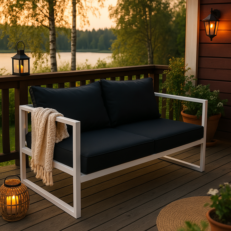 2-sitsig utomhussoffa 130 x 75 cm – 10 cm stoppning, stålram, vit/grå