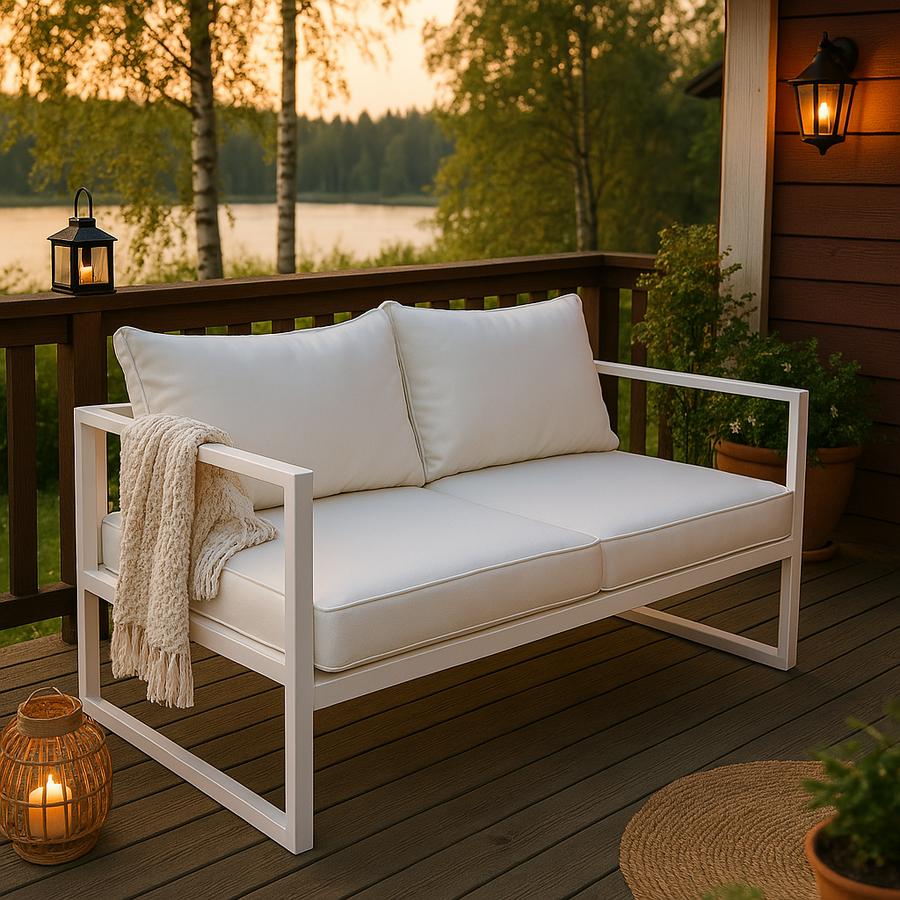 2-sitsig utomhussoffa 130 x 75 cm – 10 cm stoppning, stålram, vit/ljusbeige