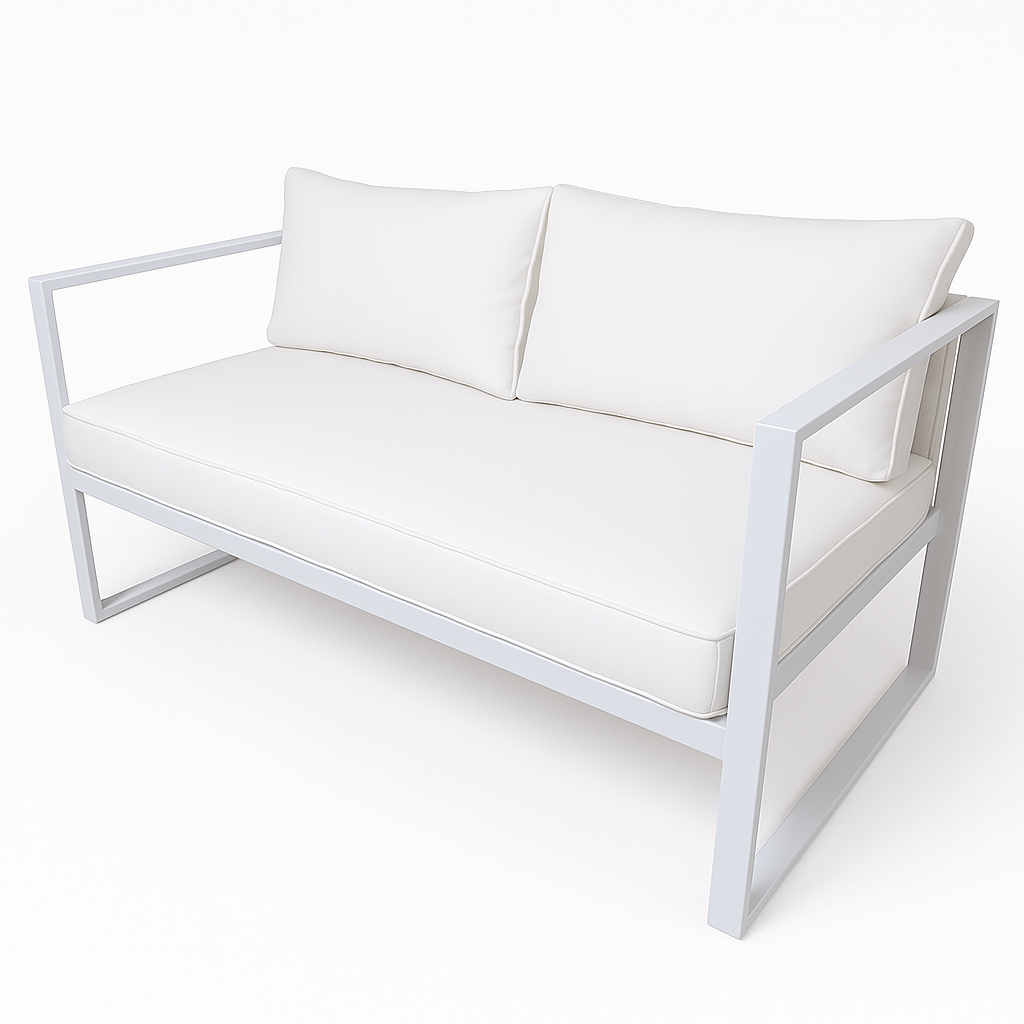 2-istuttava ulkosohva 130 x 75 cm – 10 cm pehmusteet, teräsrunko, valkoinen/vaalea beige