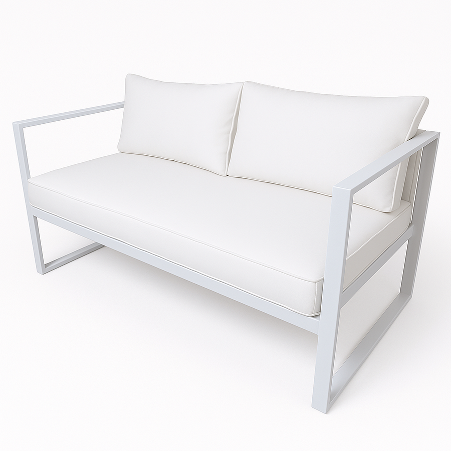 2-sitsig utomhussoffa 130 x 75 cm – 10 cm stoppning, stålram, vit/ljusbeige