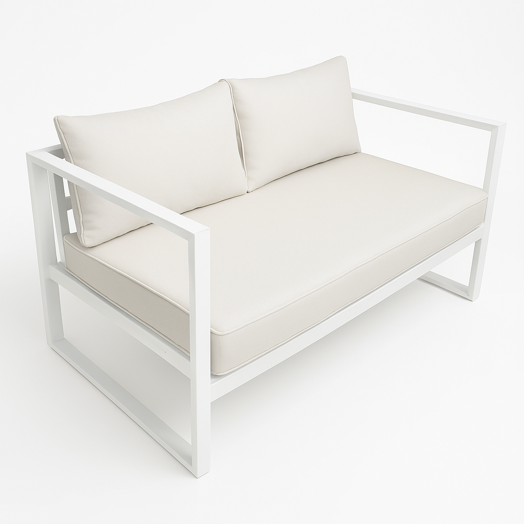 2-istuttava ulkosohva 130 x 75 cm – 10 cm pehmusteet, teräsrunko, valkoinen/vaalea beige