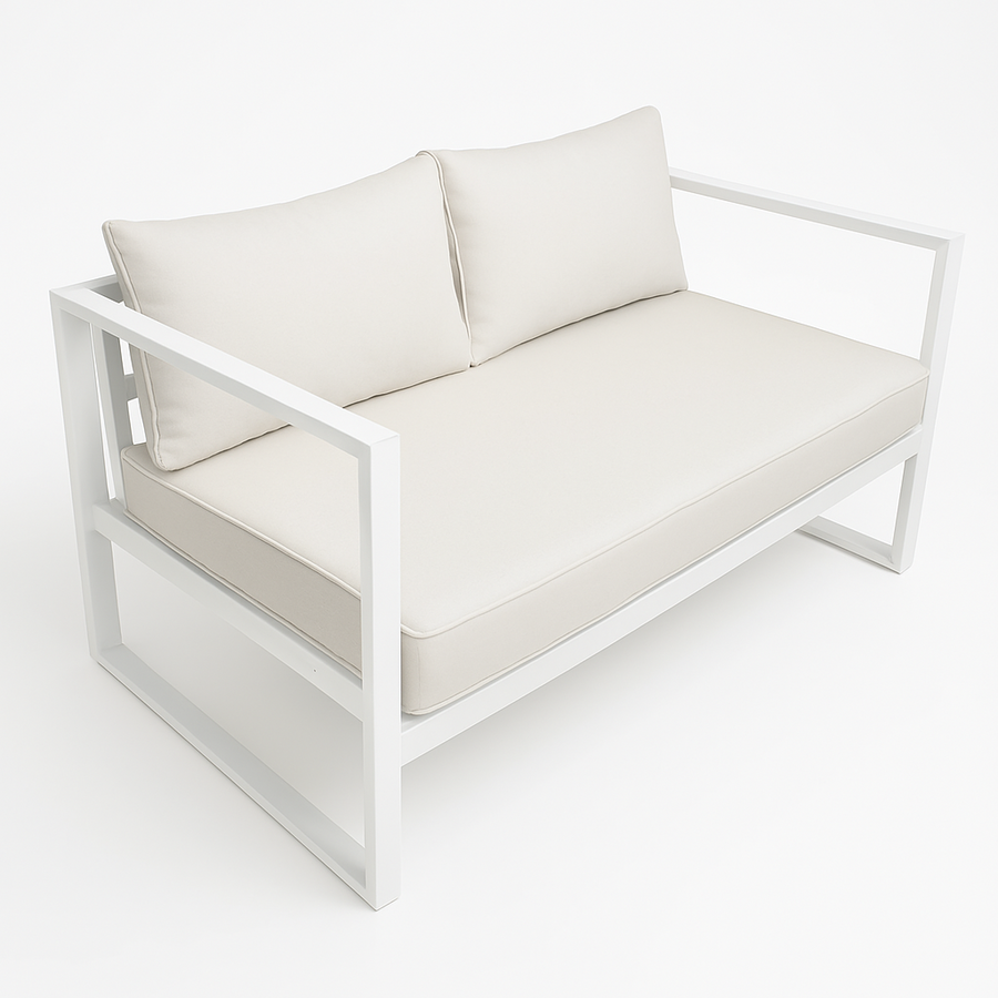 2-sitsig utomhussoffa 130 x 75 cm – 10 cm stoppning, stålram, vit/ljusbeige