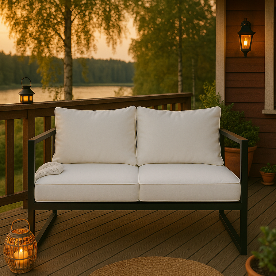 2-sitsig utomhussoffa 130 x 75 cm – 10 cm stoppning, stålram, svart/ljusbeige