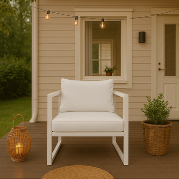 Puutarhatuoli käsinojilla 70 x 75 cm – 10 cm pehmuste, teräsrunko, valkoinen/vaalea beige