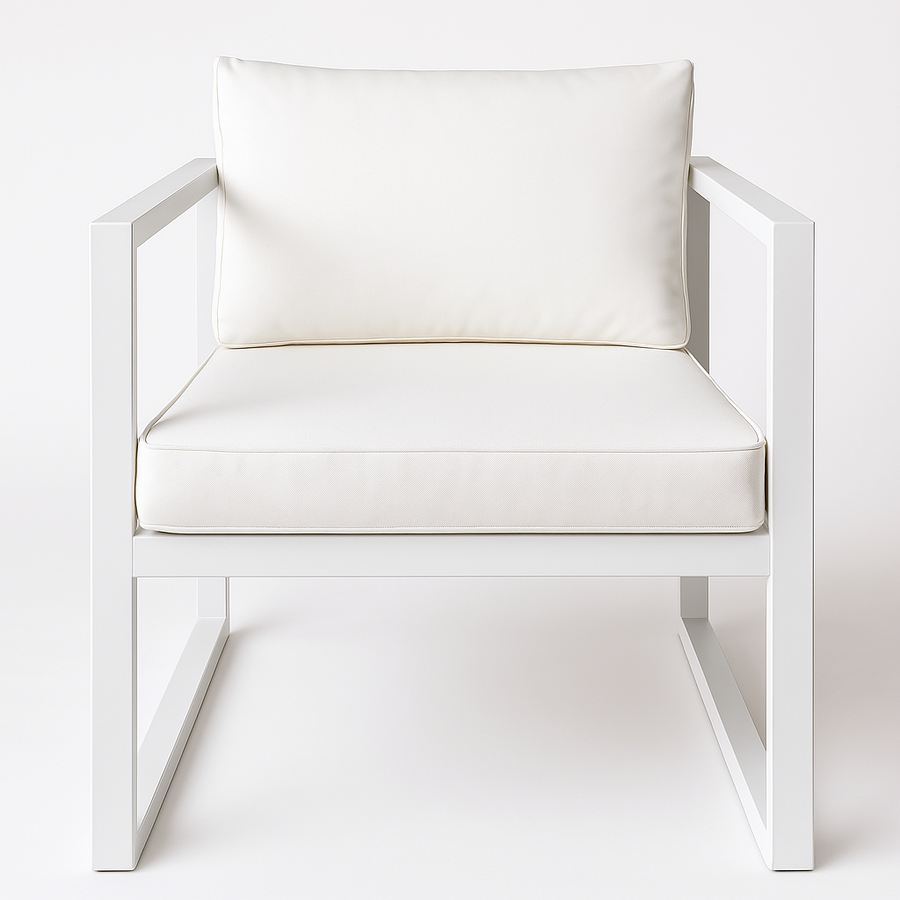 Puutarhatuoli käsinojilla 70 x 75 cm – 10 cm pehmuste, teräsrunko, valkoinen/vaalea beige