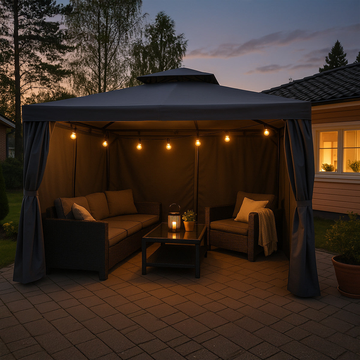 Trädgårdspaviljong 3 x 3 m – aluminiumram, myggnät, 250 g/m² PVC-tak, grå