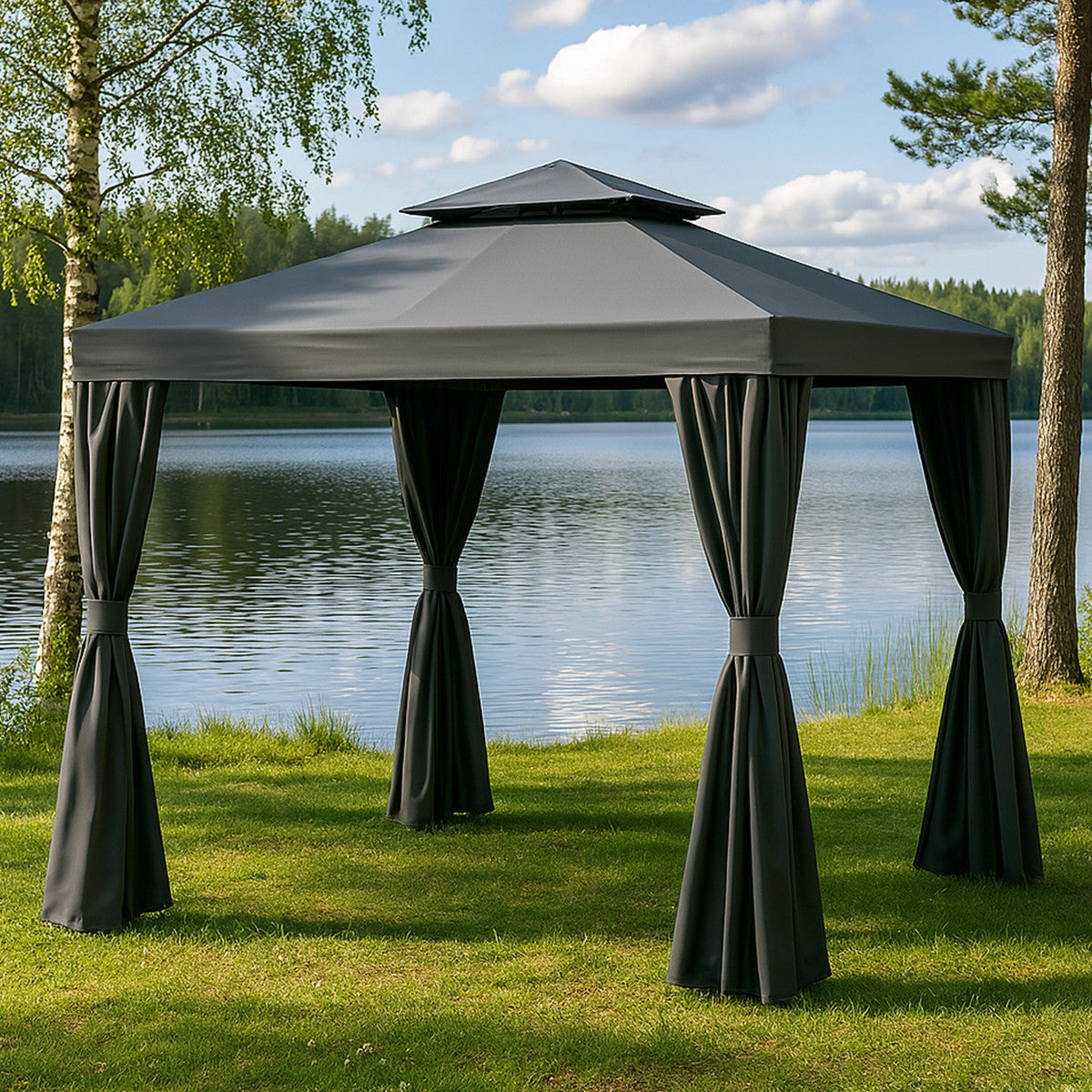 POHJOLA GARDEN Kestävä PREMIUM Pihapaviljonki 3x3m / Paviljonki Katos Terassille ja Pihalle Hyttysverkolla, Harmaa