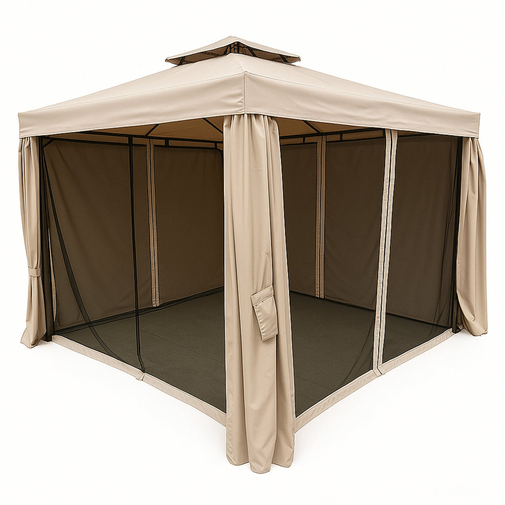 POHJOLA GARDEN Kestävä PREMIUM Pihapaviljonki 3x3m / Paviljonki Katos Terassille ja Pihalle Hyttysverkolla, beige