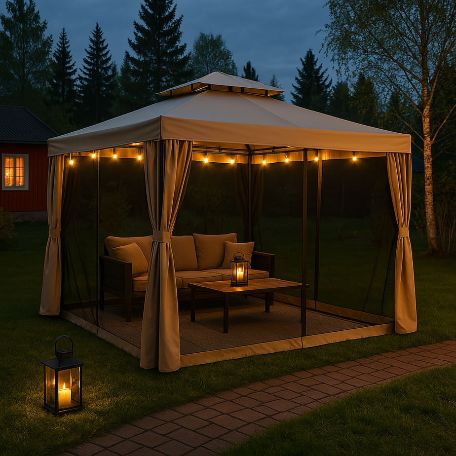 Pihapaviljonki 3x3 m alumiinirunko hyttysverkko – beige