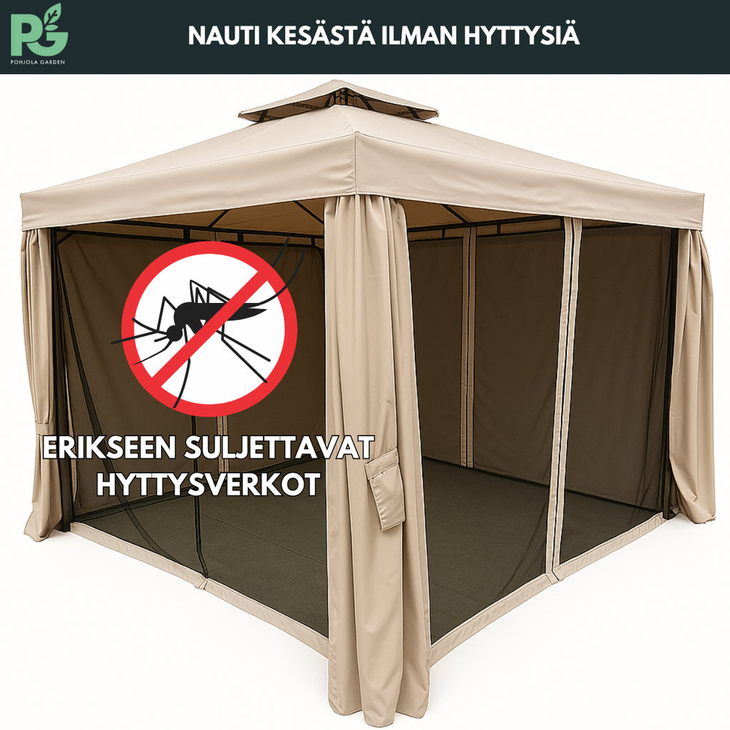 POHJOLA GARDEN Kestävä PREMIUM Pihapaviljonki 3x3m / Paviljonki Katos Terassille ja Pihalle Hyttysverkolla, Harmaa