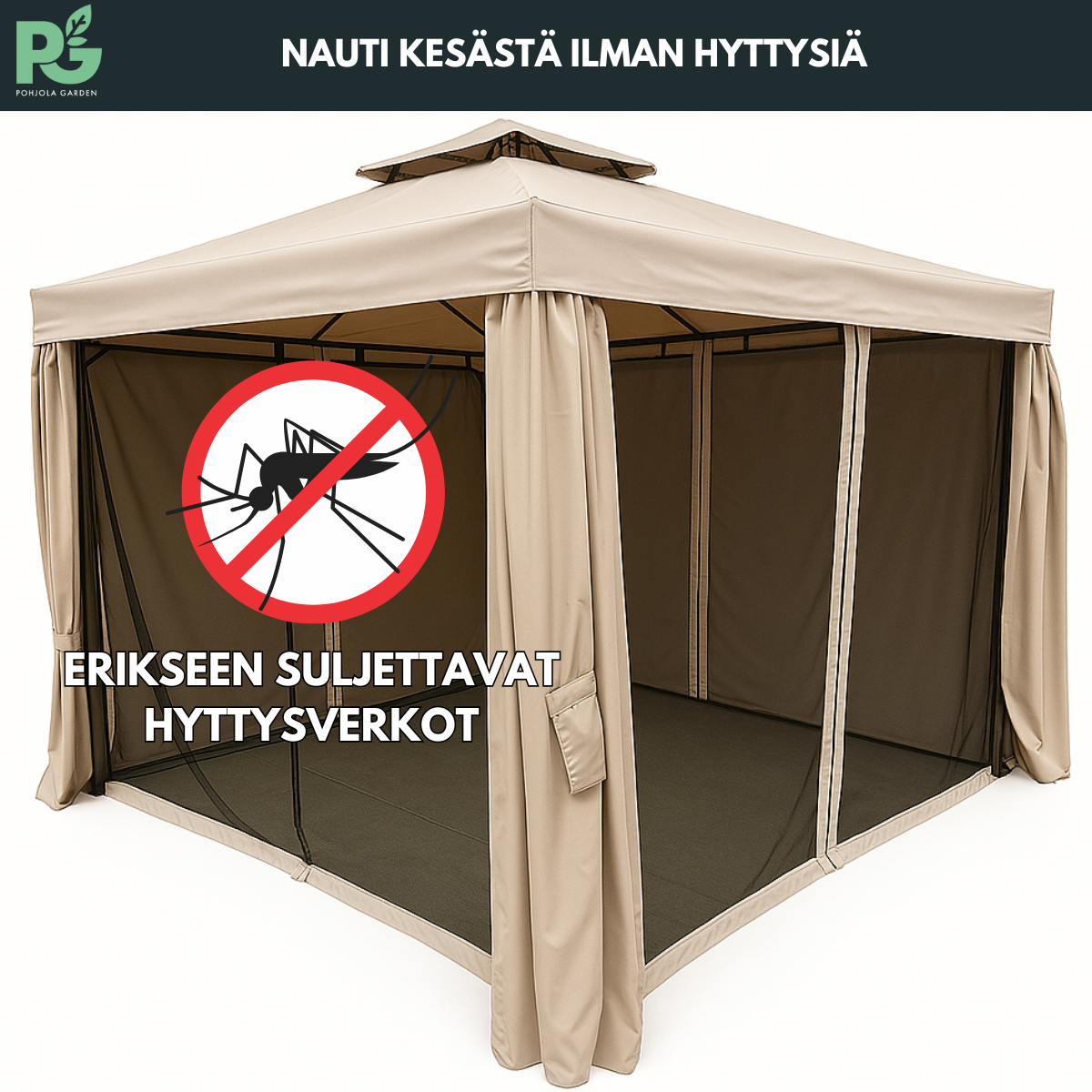 Trädgårdspaviljong 3 x 3 m – aluminiumram, myggnät, 250 g/m² PVC-tak