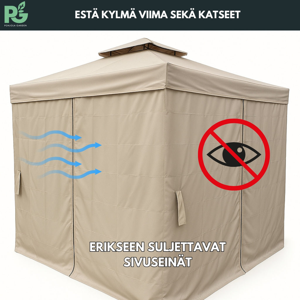 POHJOLA GARDEN Kestävä PREMIUM Pihapaviljonki 3x3m / Paviljonki Katos Terassille ja Pihalle Hyttysverkolla, beige