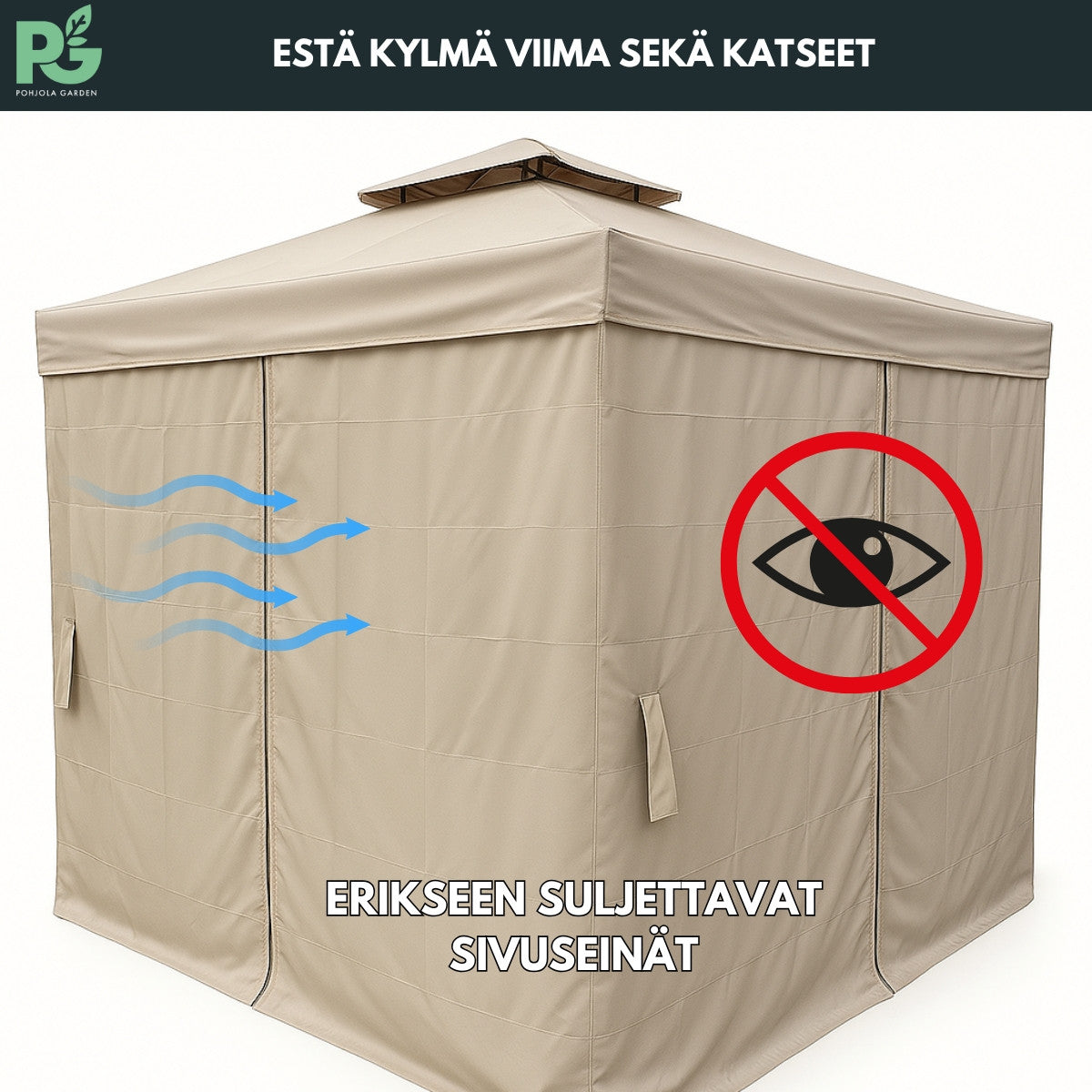 POHJOLA GARDEN Kestävä PREMIUM Pihapaviljonki 3x3m / Paviljonki Katos Terassille ja Pihalle Hyttysverkolla, beige