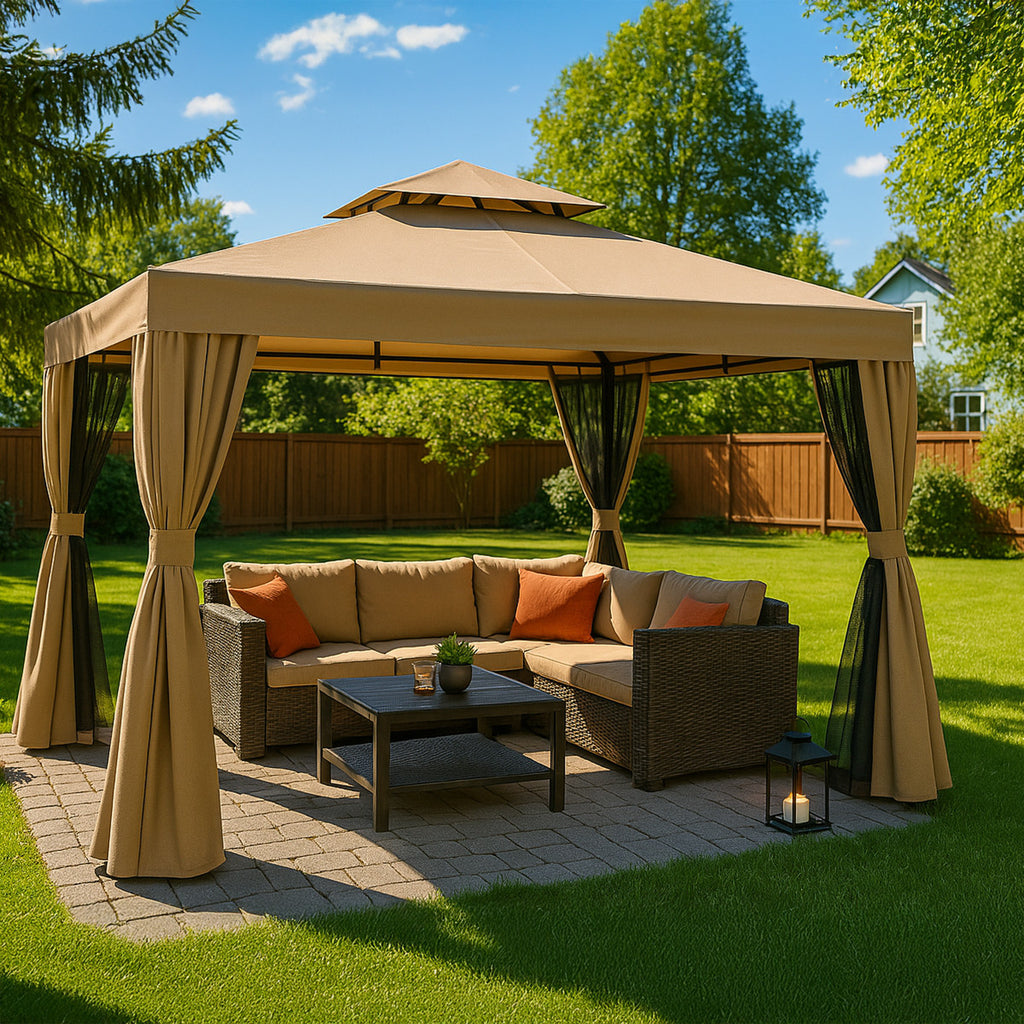 POHJOLA GARDEN Kestävä PREMIUM Pihapaviljonki 3x3m / Paviljonki Katos Terassille ja Pihalle Hyttysverkolla, beige