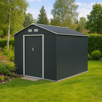 Trädgårdsskjul 13 m² – 138 cm skjutdörrar, galvaniserat stål, sockel, grå
