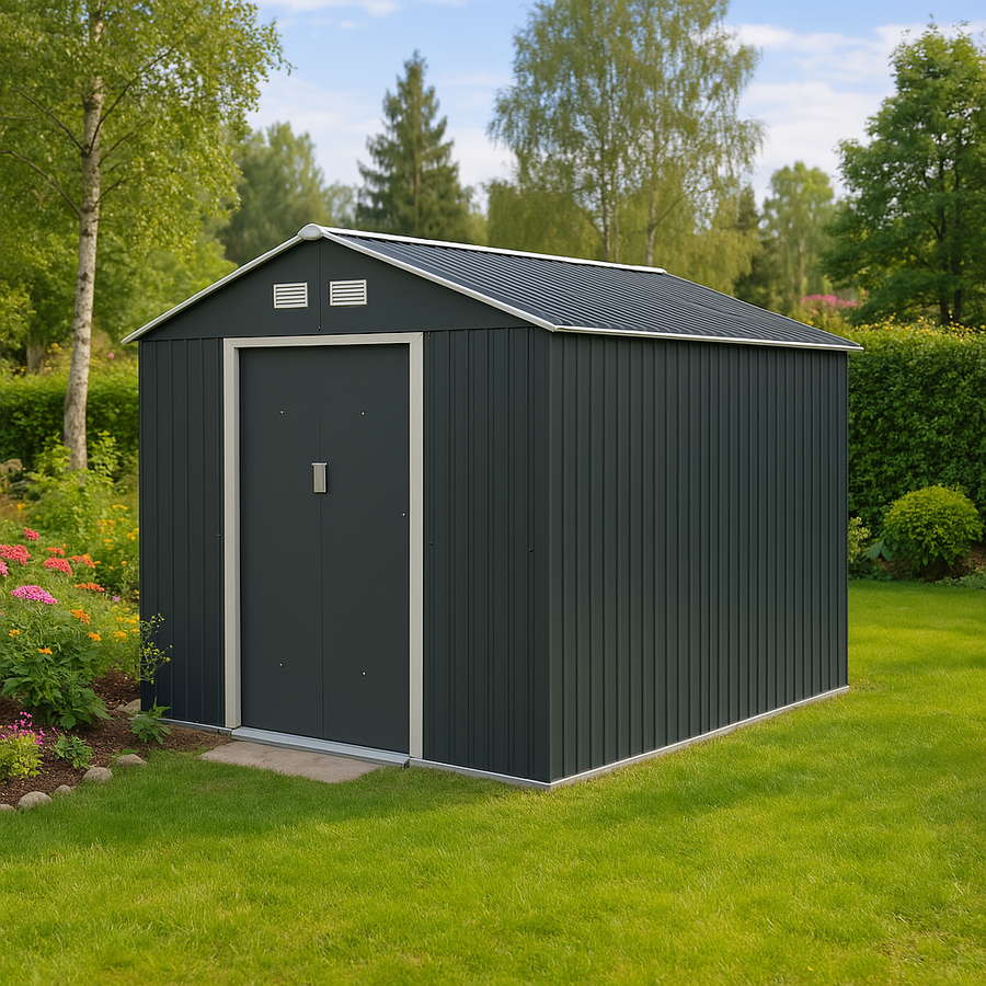 Pihavaja 13 m² – 138 cm liukuovet, sinkitty teräs, sokkeli, harmaa