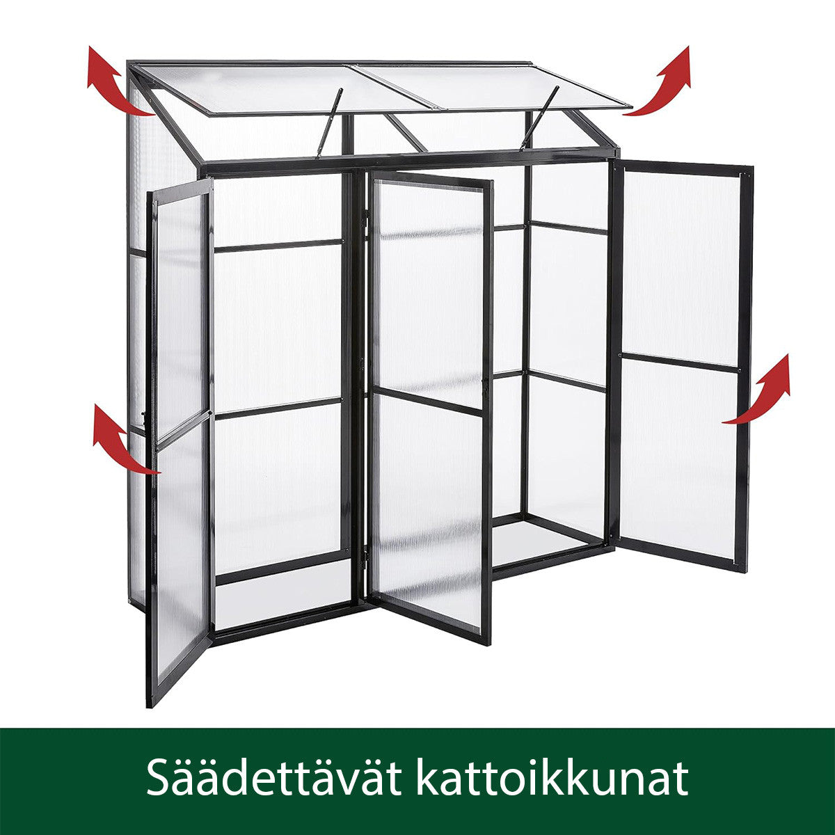 POHJOLA GARDEN Seinäkasvihuone 180 x 55cm, 4mm 610g/m2 Kennolevyt, musta