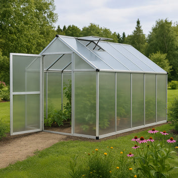 Växthus 5,4 m² – 4 mm cellplåt, aluminiumram, sockel och rännor