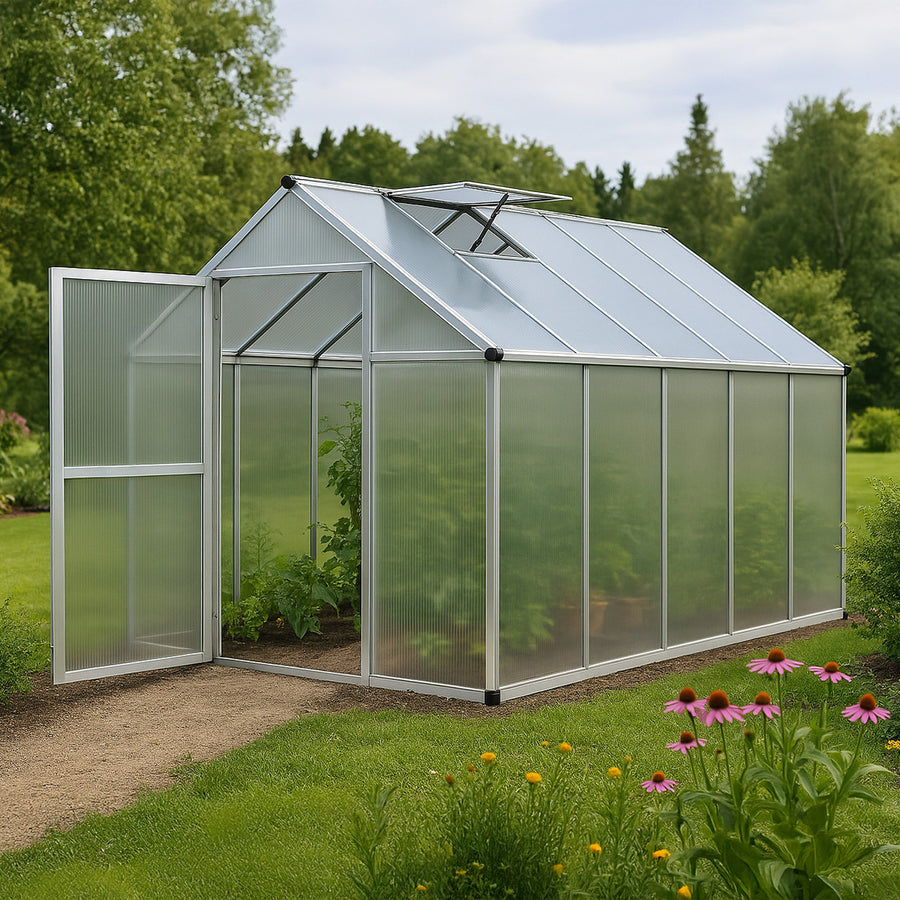 Växthus 5,4 m² – 4 mm cellplåt, aluminiumram, sockel och rännor