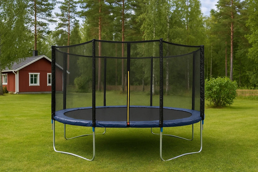 Hoppmatta Premium med säkerhetsnät – galvaniserad ram, 60 fjädrar, 150 kg