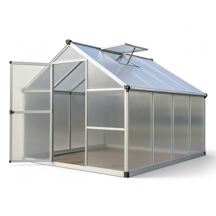 Växthus 5,75 m² – 600 g/m² cellplåt, sockel, aluminiumram