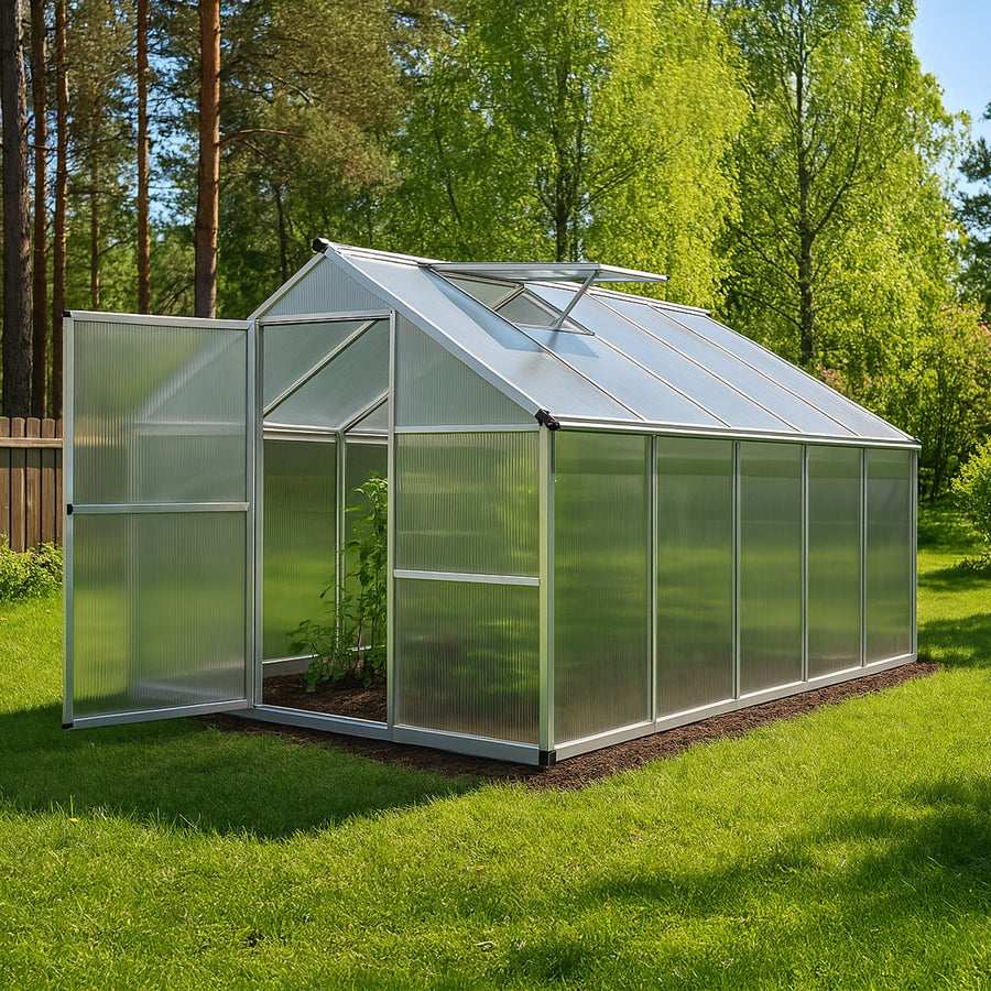 Växthus 5,75 m² – 600 g/m² cellplåt, sockel, aluminiumram