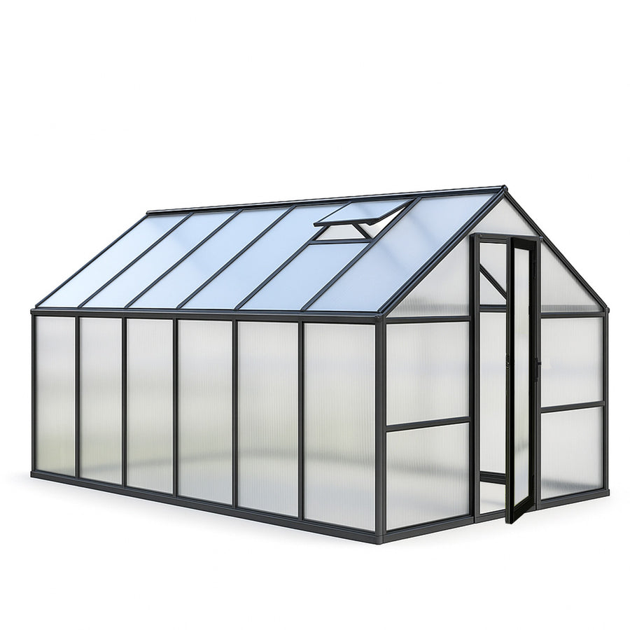 Växthus 8,6 m² – 4 mm 800 g/m² cellplåt, sockel, aluminiumram