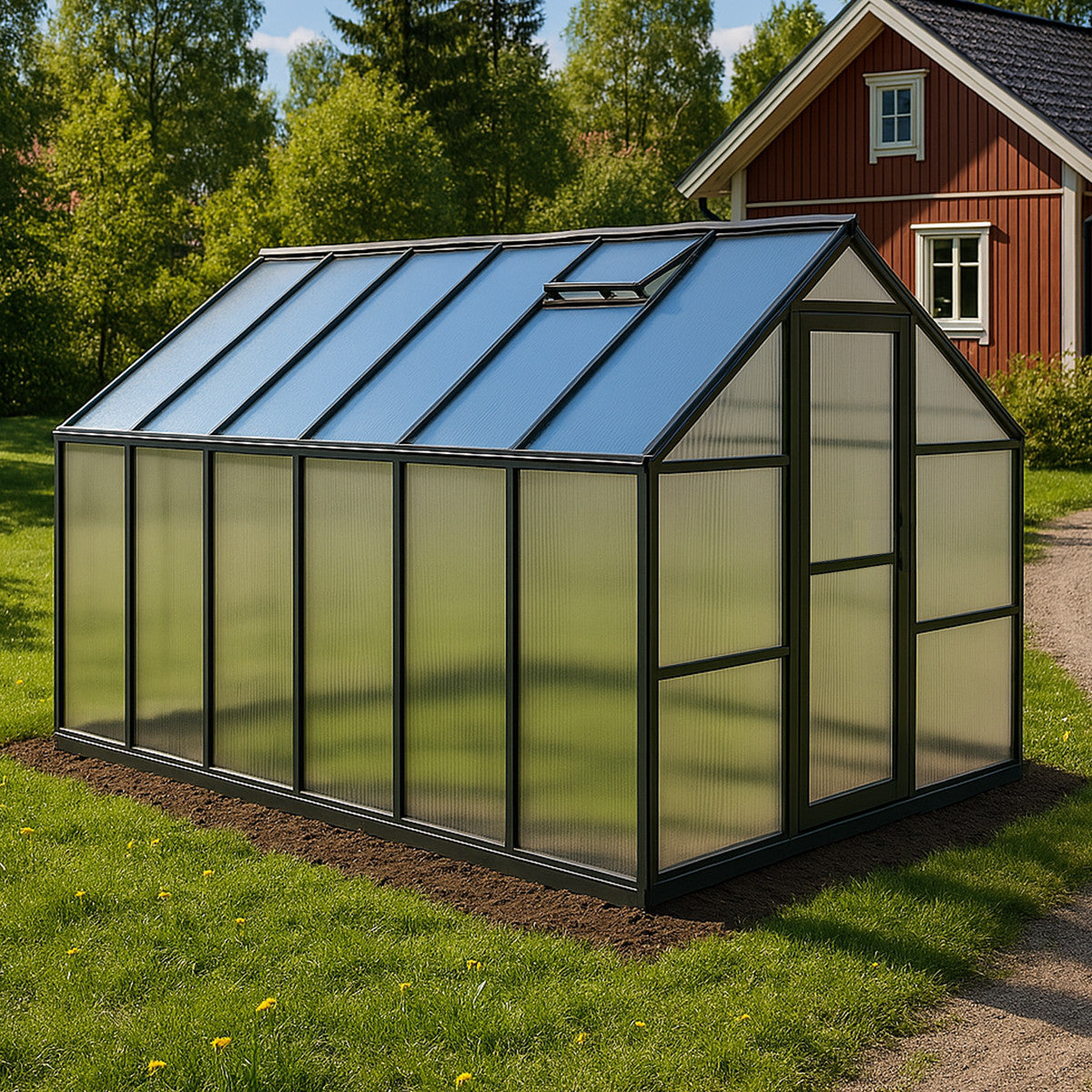 POHJOLA GARDEN STRONG Kasvihuone 8,6m2  + Sokkeli & Rännit, 4mm 800g/m2 kennolevyt, musta