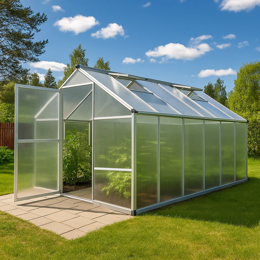 Växthus 10 m² – 4 mm 800 g/m² nätpaneler, sockel, aluminiumram