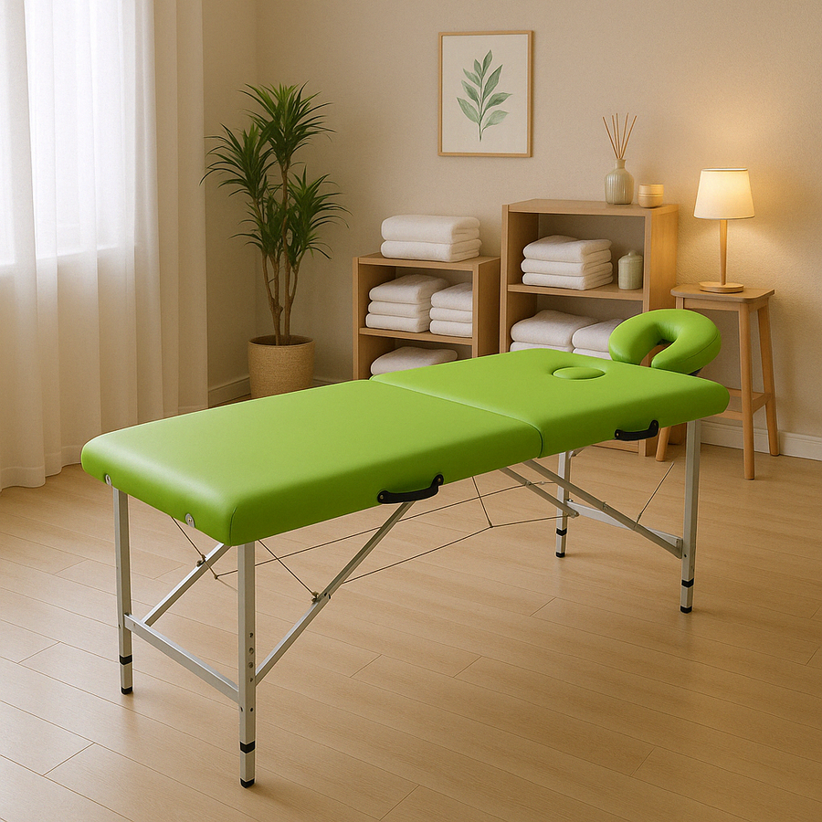 Massagebänk 195 x 70 cm, grön – 2 zoner, 225 kg, aluminiumram