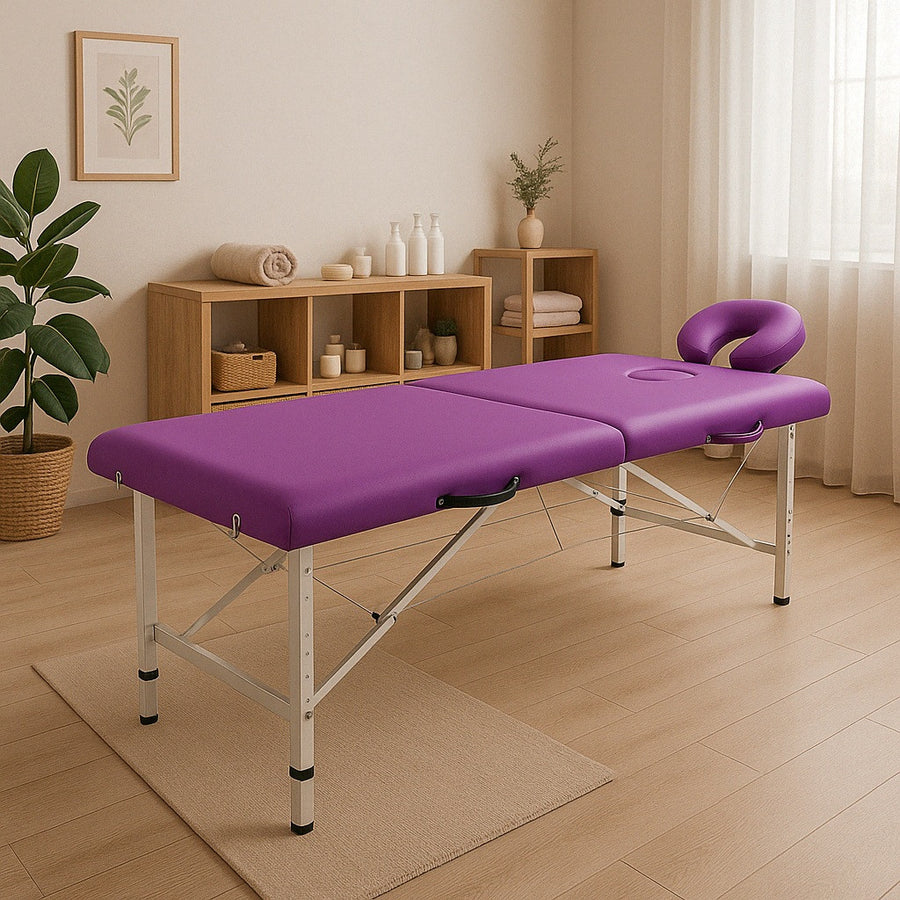Massagebänk 195 x 70 cm – 2 zoner, aluminiumram, 225 kg, lila