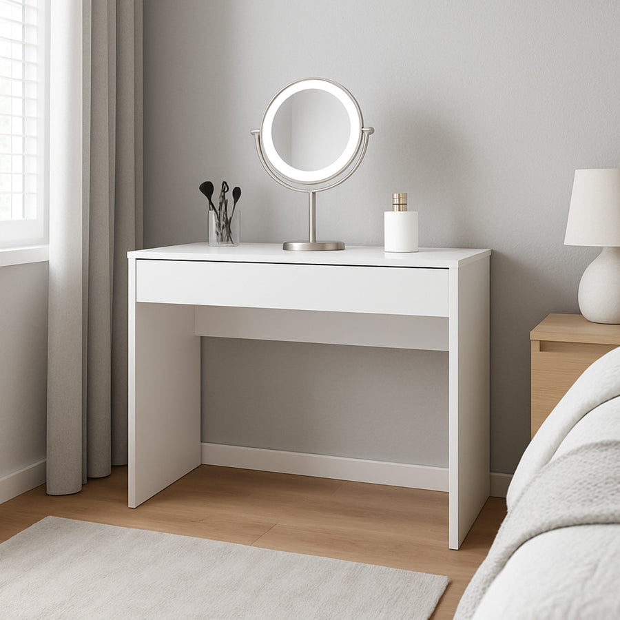 Sminkbord 91 x 35 x 76 cm – bred låda, vit, kompakt storlek
