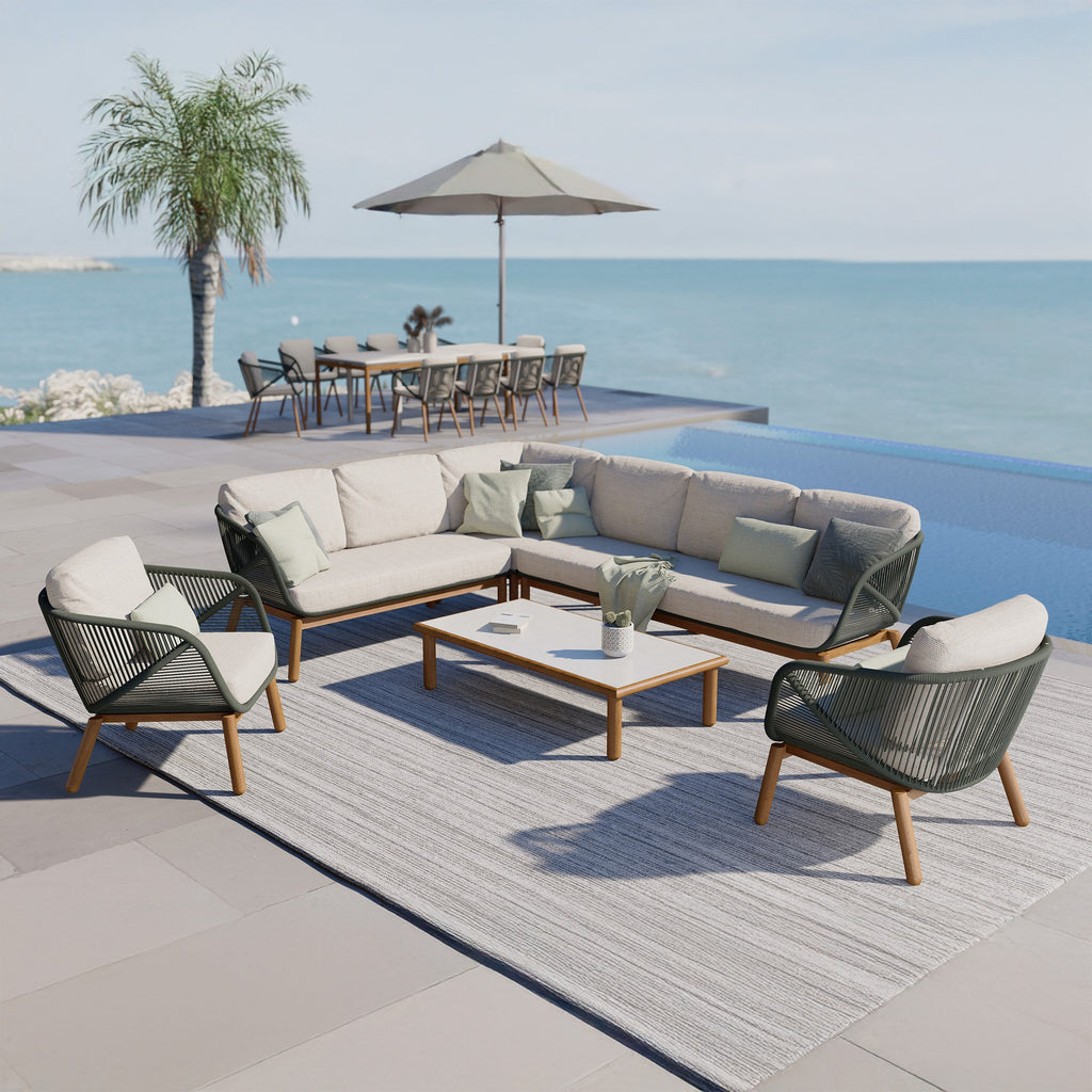 AURO ulkosohvaryhmä, kulmasohva + 2 nojatuolia + 2 pöytää, beige