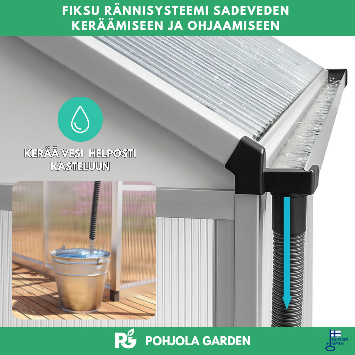POHJOLA GARDEN Kasvihuone 8,6m2 Sokkeli & Rännit, 4mm 610g/mm2 kennolevyt