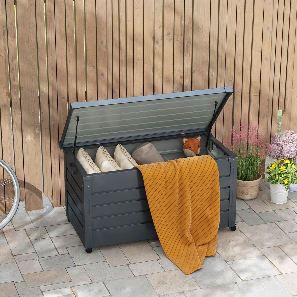 Lukittava metallinen säilytyslaatikko pyörillä, 311 l, tummanharmaa