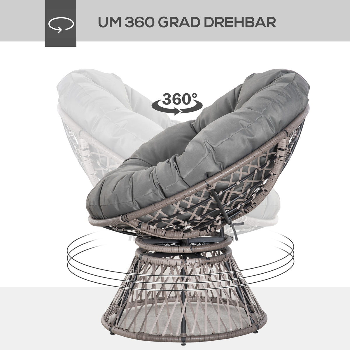 Papasan-tuoli polyrottinkia, 360° pyörivä, pehmeä pehmuste, harmaa