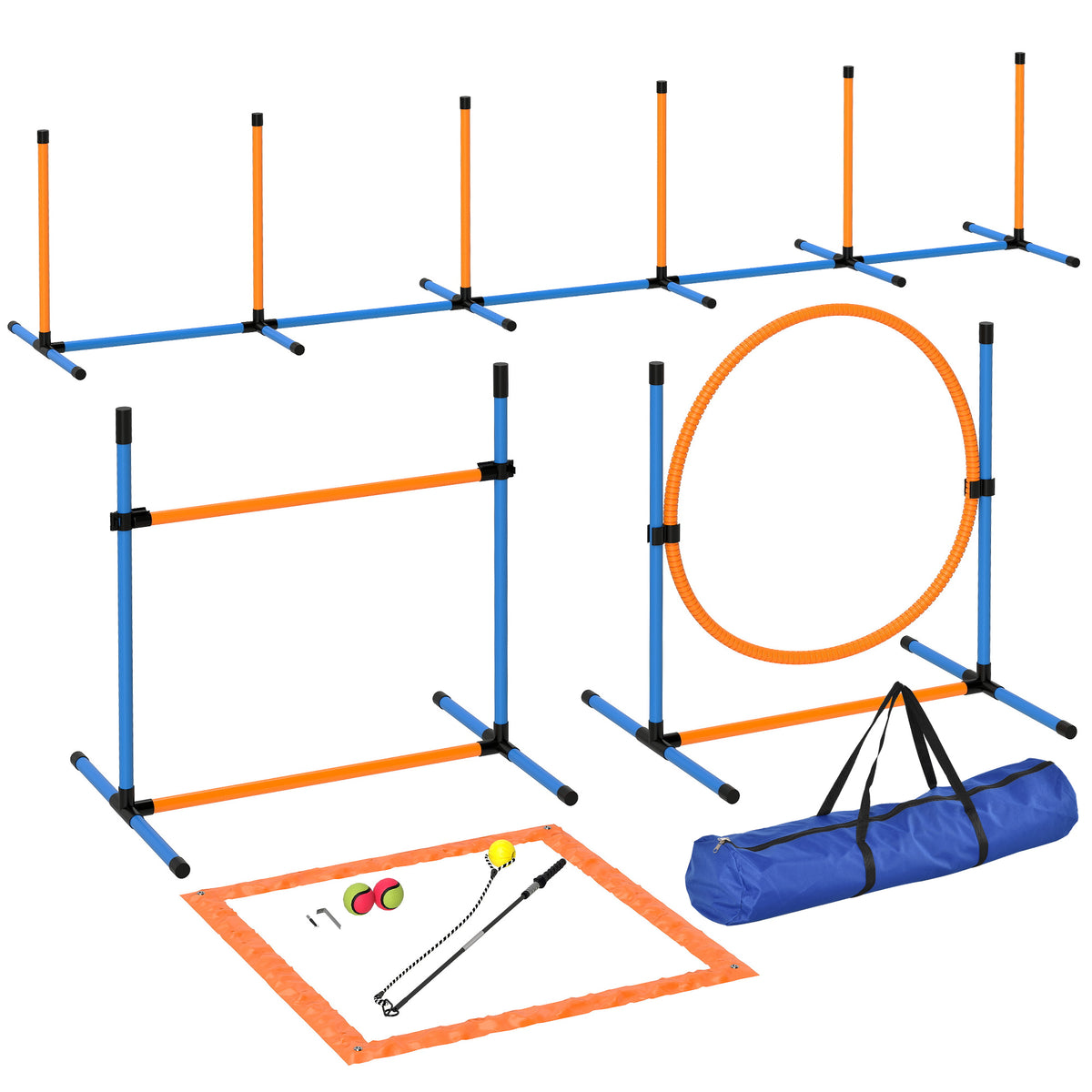 Koiran agility-setti 7 osaa: este, rengas, pujottelu, pysähdysruutu, pallot ja pilli, oranssi