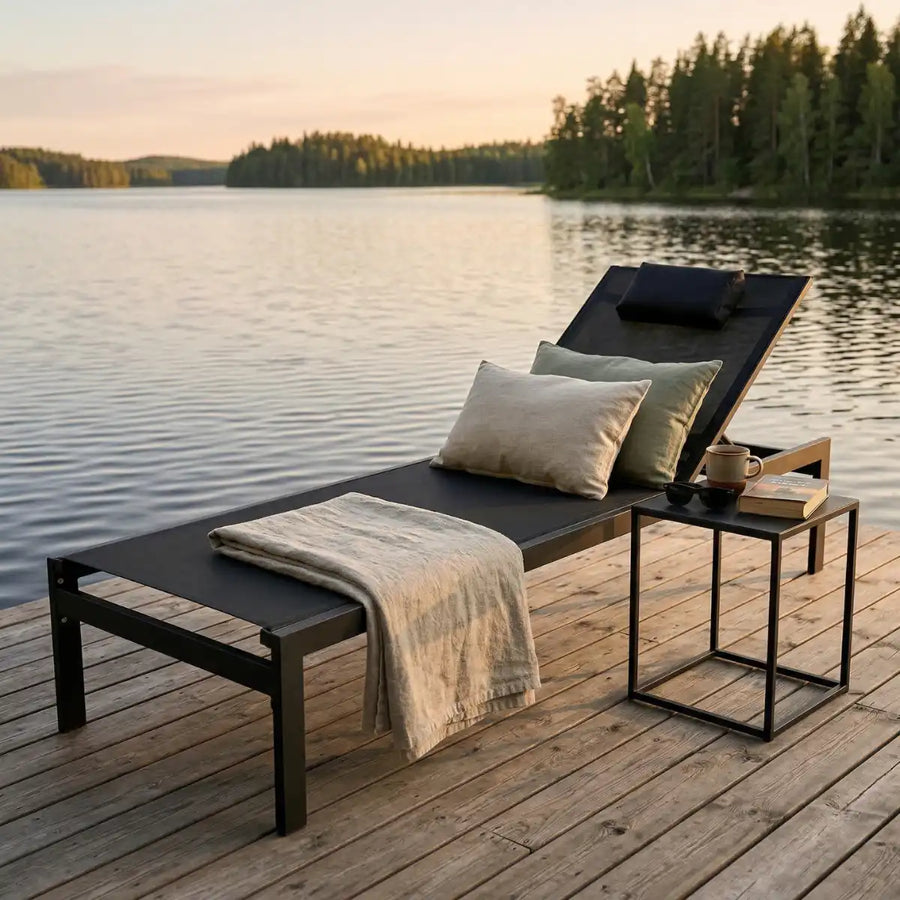 Solstol 195 x 65 x 35 cm – aluminiumram, textilene-tyg, nackkudde, svart