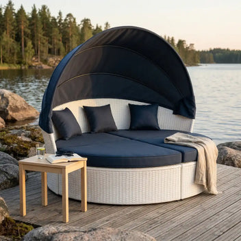 Solstol 200 cm – 3-delad, polyrotting, 8 cm stoppning, vit/grå