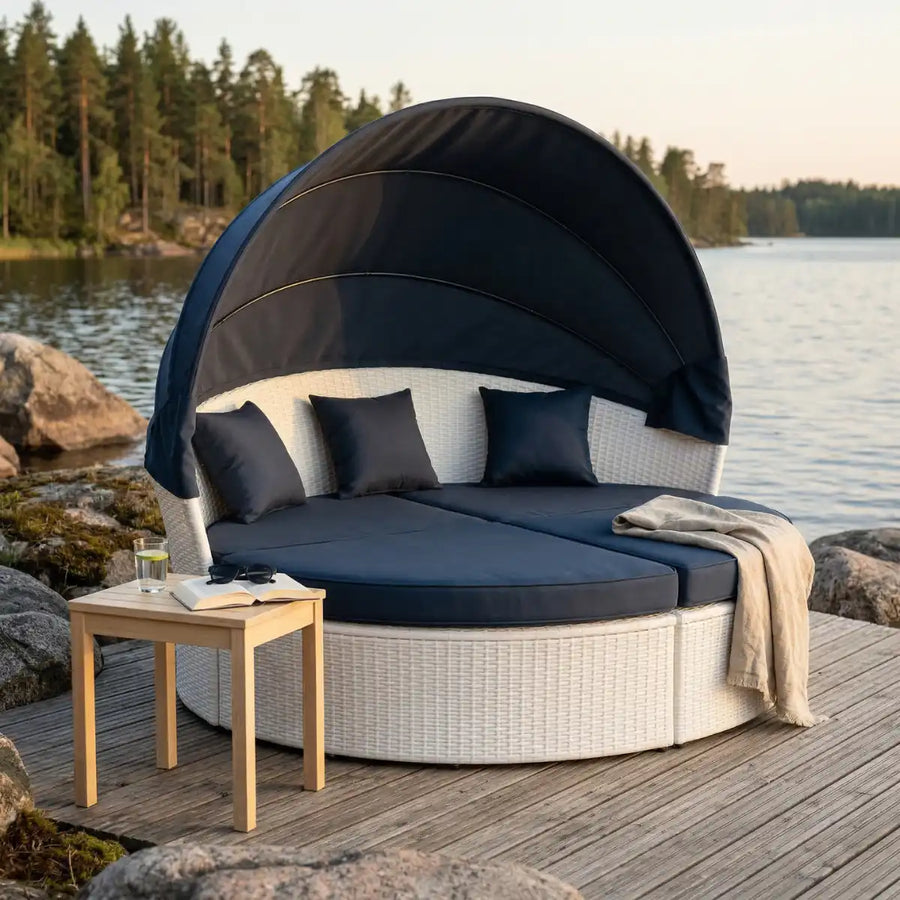 Aurinkovuode 200 cm – 3-osainen, polyrottinki, 8 cm pehmuste, valkoinen/harmaa