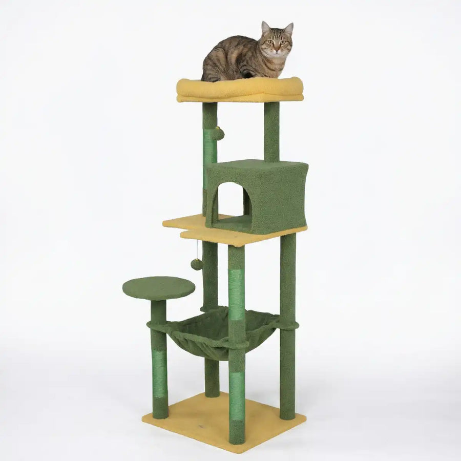 Kattklösbräda 143 cm – gömställe, hängmatta, gul/grön