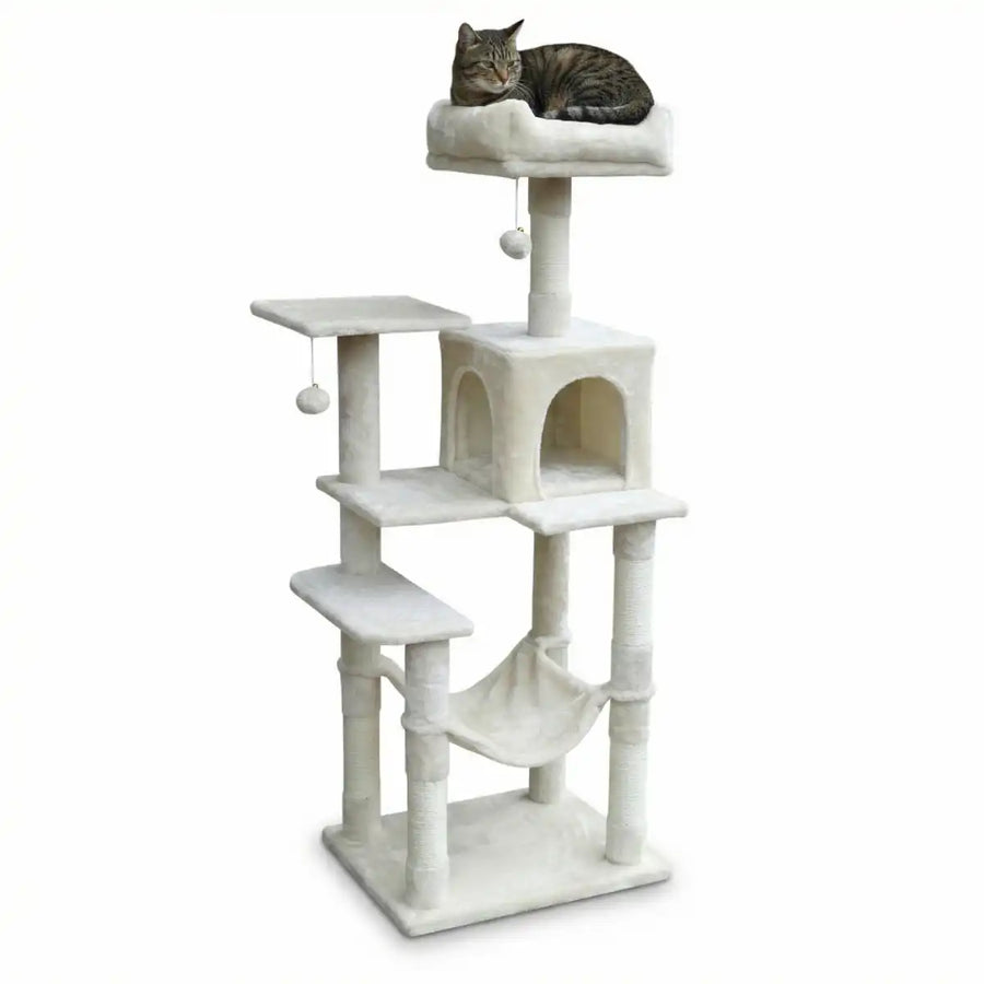 Kattklösbräda 143 cm – hus, övre bädd, sisalstolpar, beige