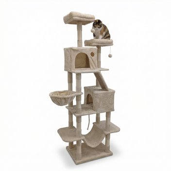 Kissan kiipeilypuu 206 cm – 2 koppia, 2 riippumattoa, beige