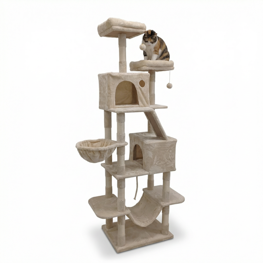 Kattklätterträd 206 cm – 2 koppar, 2 hängmattor, beige