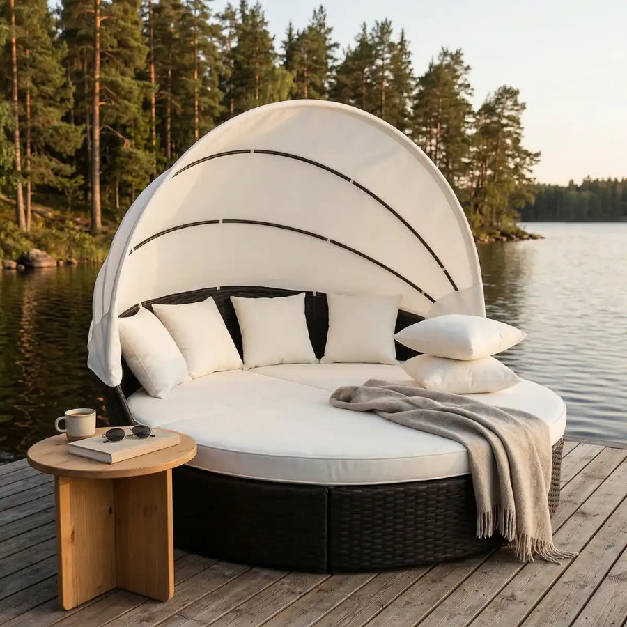 Aurinkovuode 200 cm – 3-osainen, polyrottinki, 8 cm pehmuste, musta/beige